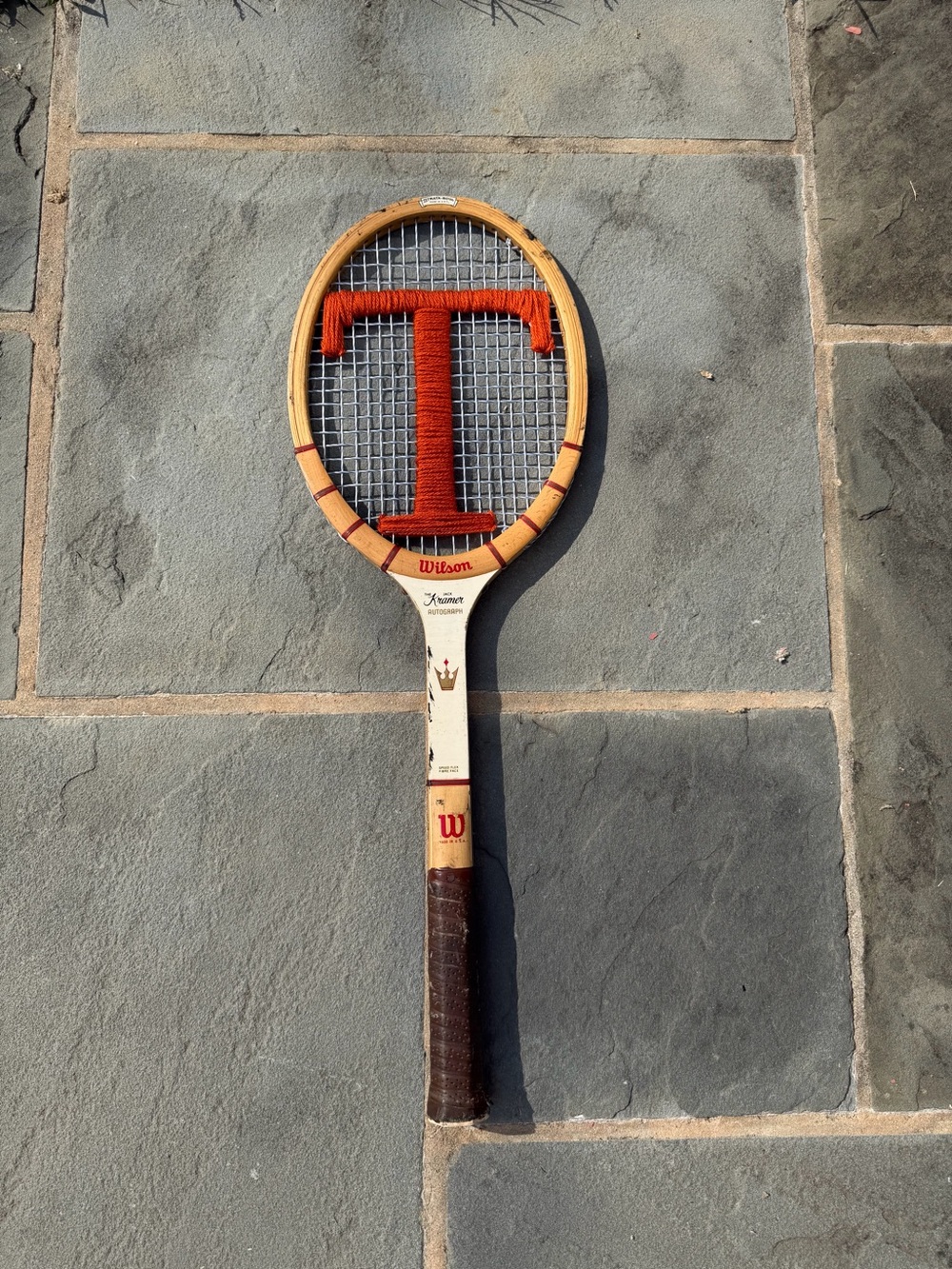 Wooden Tennis Racket with burnt orange T embroidered